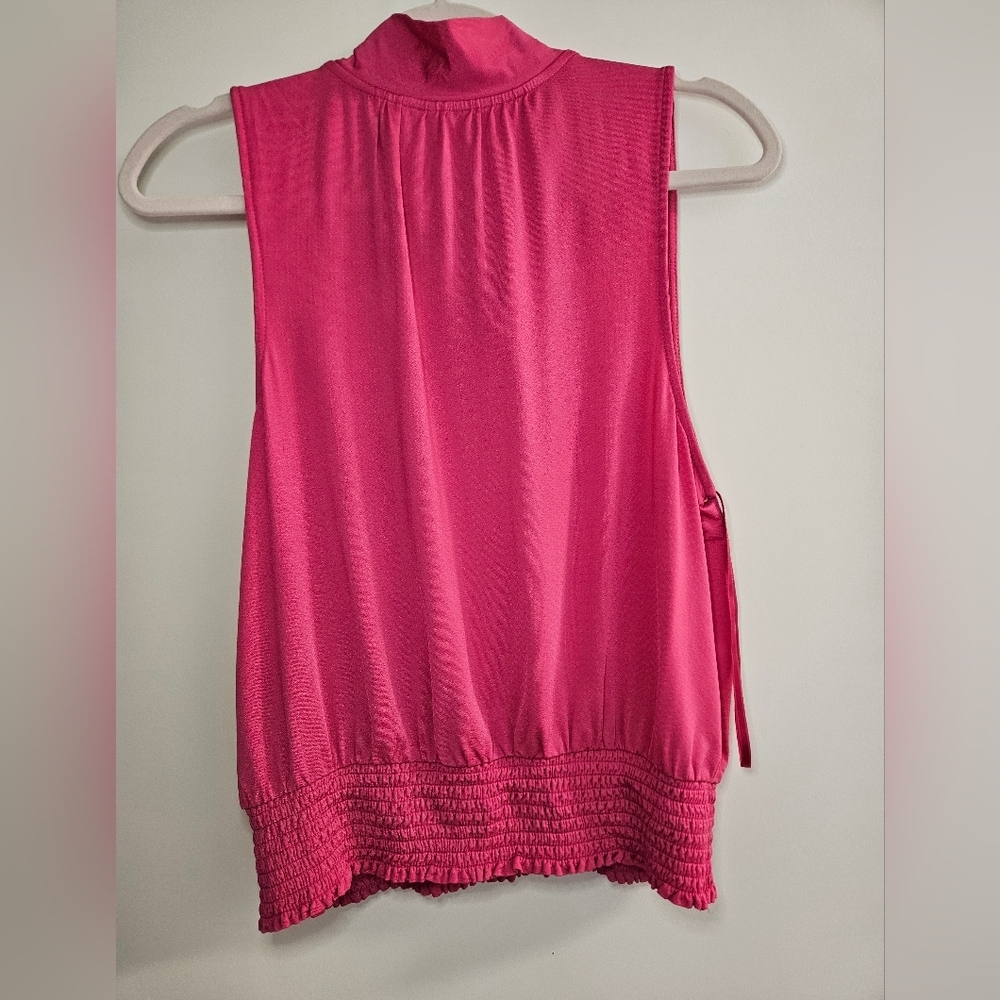 Anthropologie Ruffle Bow Tie Neck Rasberry Pink Sleeveless Blouse Size M - Picture 5 of 9